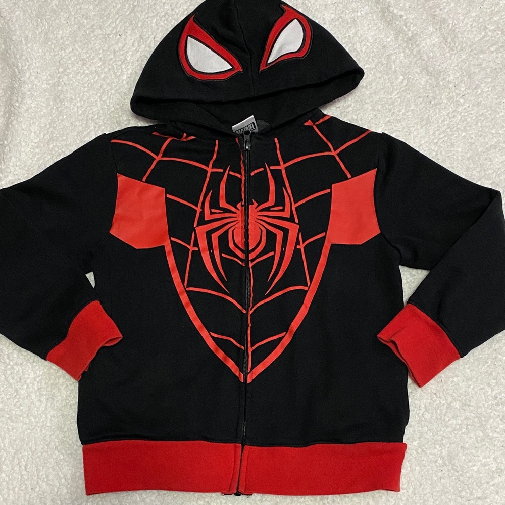 Marvel Spider-Man boys size medium black jacket spider on web print hood w/ eyes